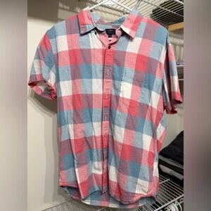 J. Crew Men's Casual Plaid Shirt - Coral, Sky Blue, and White